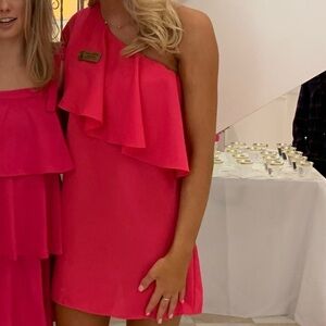 Hot pink one shoulder mini dress 6